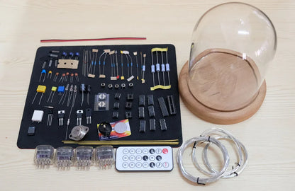 Vintage nixie tube clock with glowing amber display and wooden base from Diyion