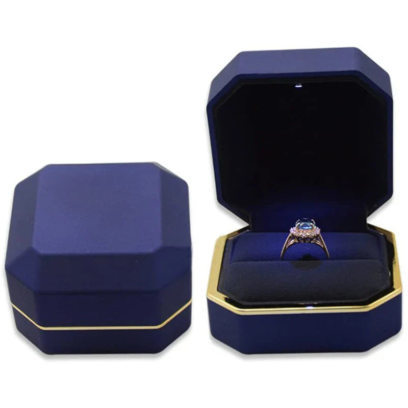Blue jewelry box LED ring box with automatic light for engagement proposals and wedding jewelry display
