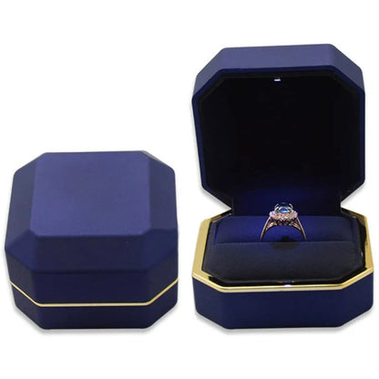 Blue jewelry box LED ring box with automatic light for engagement proposals and wedding jewelry display