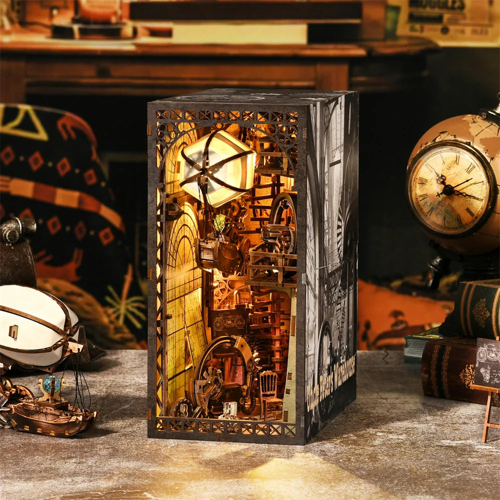 DIY miniature book nook kit with LED lighting and wooden construction for creative bookshelf decoration