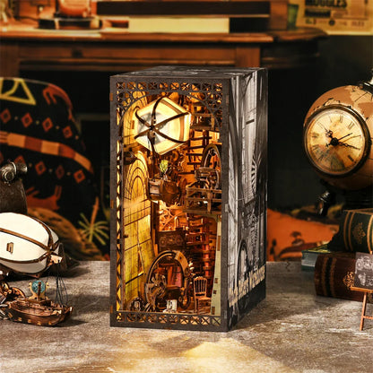DIY miniature book nook kit with LED lighting and wooden construction for creative bookshelf decoration