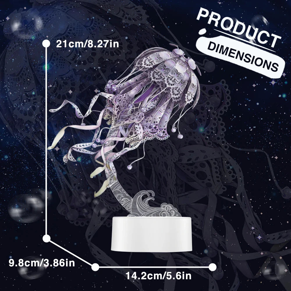 Decorative jellyfish sculpture with product dimensions on a dark background Diyion | 3D Metal Puzzle Jellyfish Kit - 61 Piece Stainless Steel DIY Assembly Model Building Set for Adults