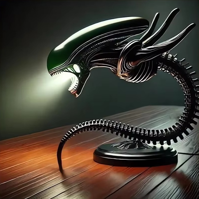 Alien creature model on a wooden surface with a dark background - Unique alien creature resin lamp stand for modern home decor