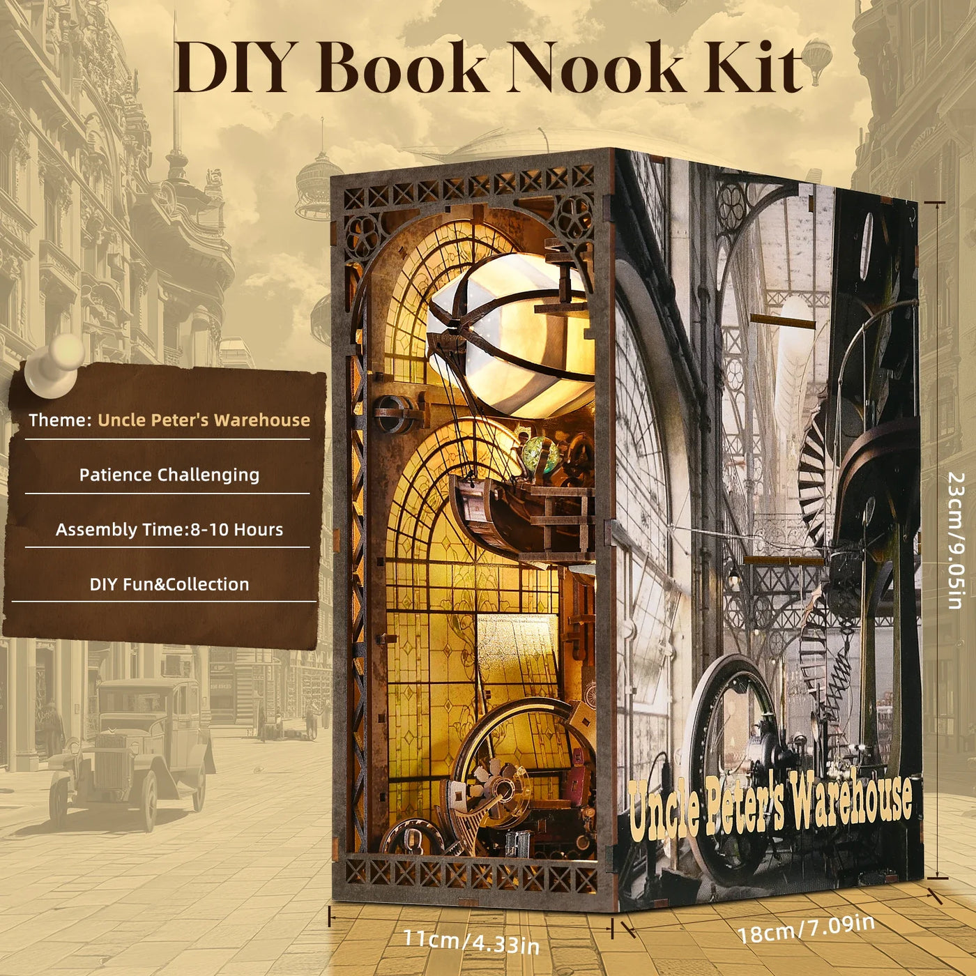 DIY miniature book nook kit with LED lighting and wooden construction for creative bookshelf decoration