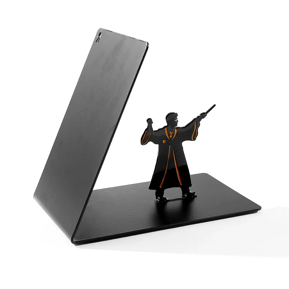 Harry Potter character book holder in black metal for keeping novels upright on a personal library shelf
