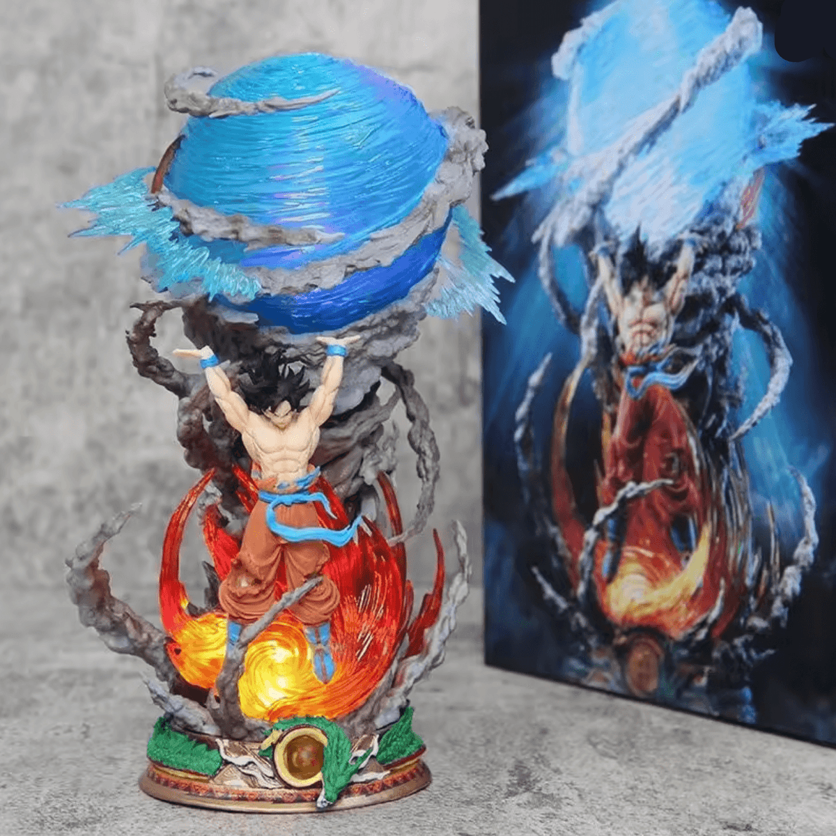 Diyion Dragon Ball Goku figurine showing battle-worn sculpting and raised blue Spirit Bomb effect