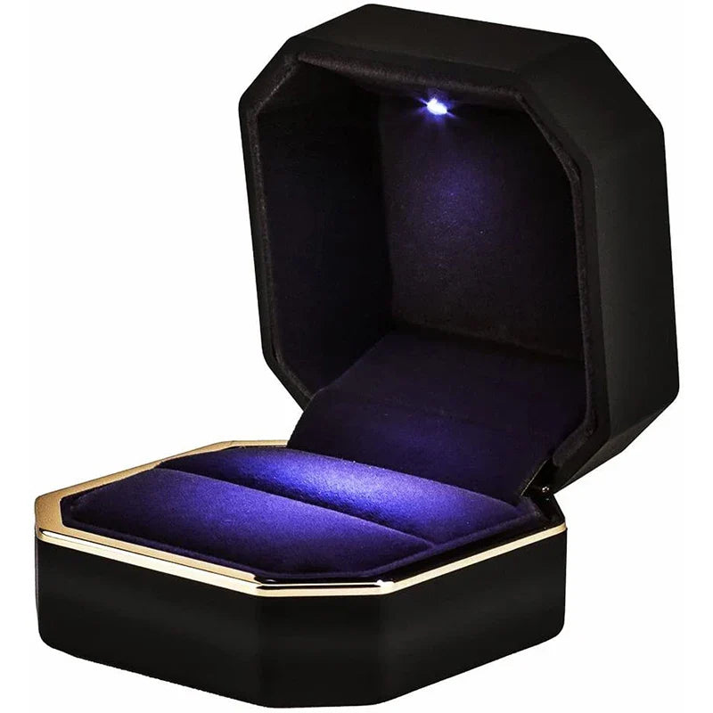Black jewelry box with purple interior and LED light LED ring box with automatic light for engagement proposals and wedding jewelry display