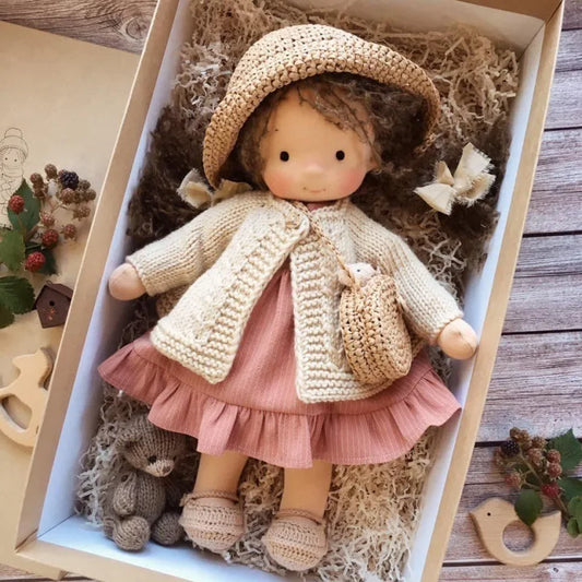 Mila | Soft Cotton Plush Doll – Waldorf Handmade Toy with Fabric Box | Kawaii Design | For Children’s Birthday & Everyday Play