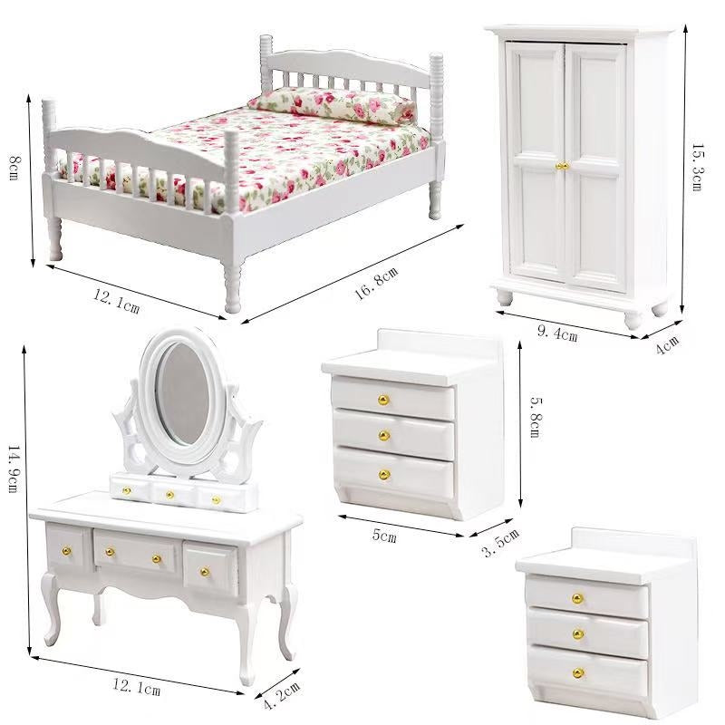 White Miniature Bedroom Set | 1:12 Scale Dollhouse Furniture - DIYION