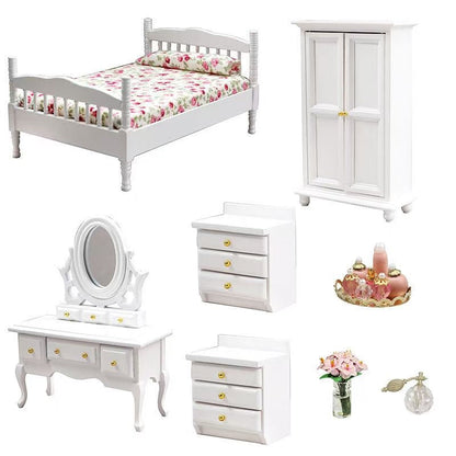 White Miniature Bedroom Set | 1:12 Scale Dollhouse Furniture - DIYION