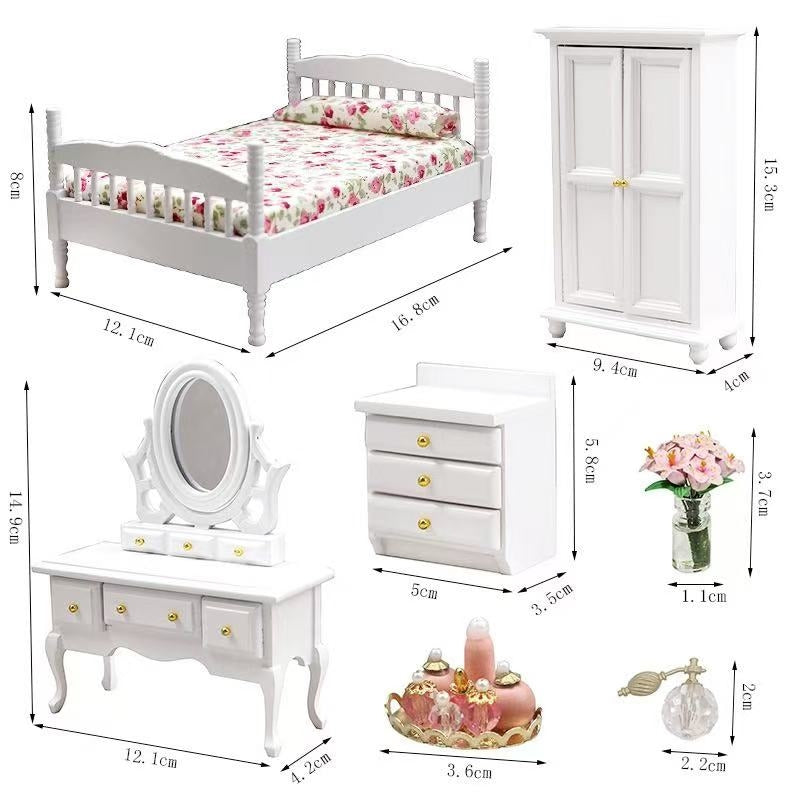 White Miniature Bedroom Set | 1:12 Scale Dollhouse Furniture - DIYION