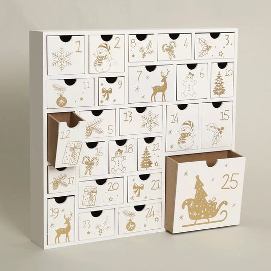 White Wooden Christmas Advent Calendar with 25 Drawers - DIYION