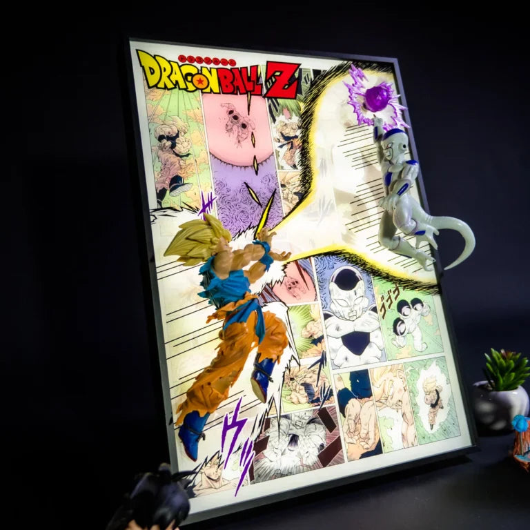Wood and acrylic Dragon Ball Z LED light frame featuring the Goku and Frieza showdown