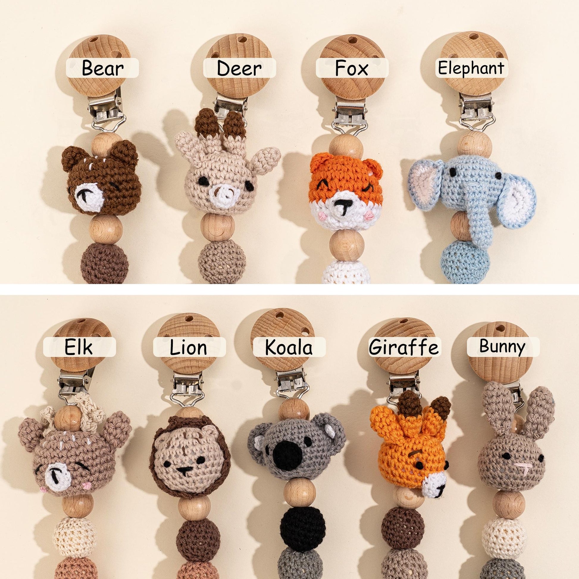 Pacifier clip animal options bear deer fox elephant koala lion giraffe bunny crochet dummy clip for baby nursery