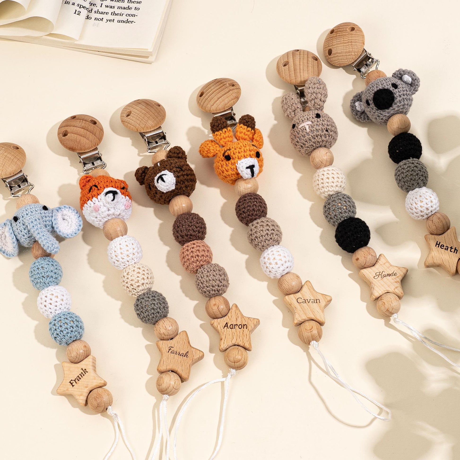 Personalized crochet animal pacifier clips with engraved wooden name stars, baby shower gifts for boys and girls