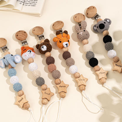 Personalized crochet animal pacifier clips with engraved wooden name stars, baby shower gifts for boys and girls