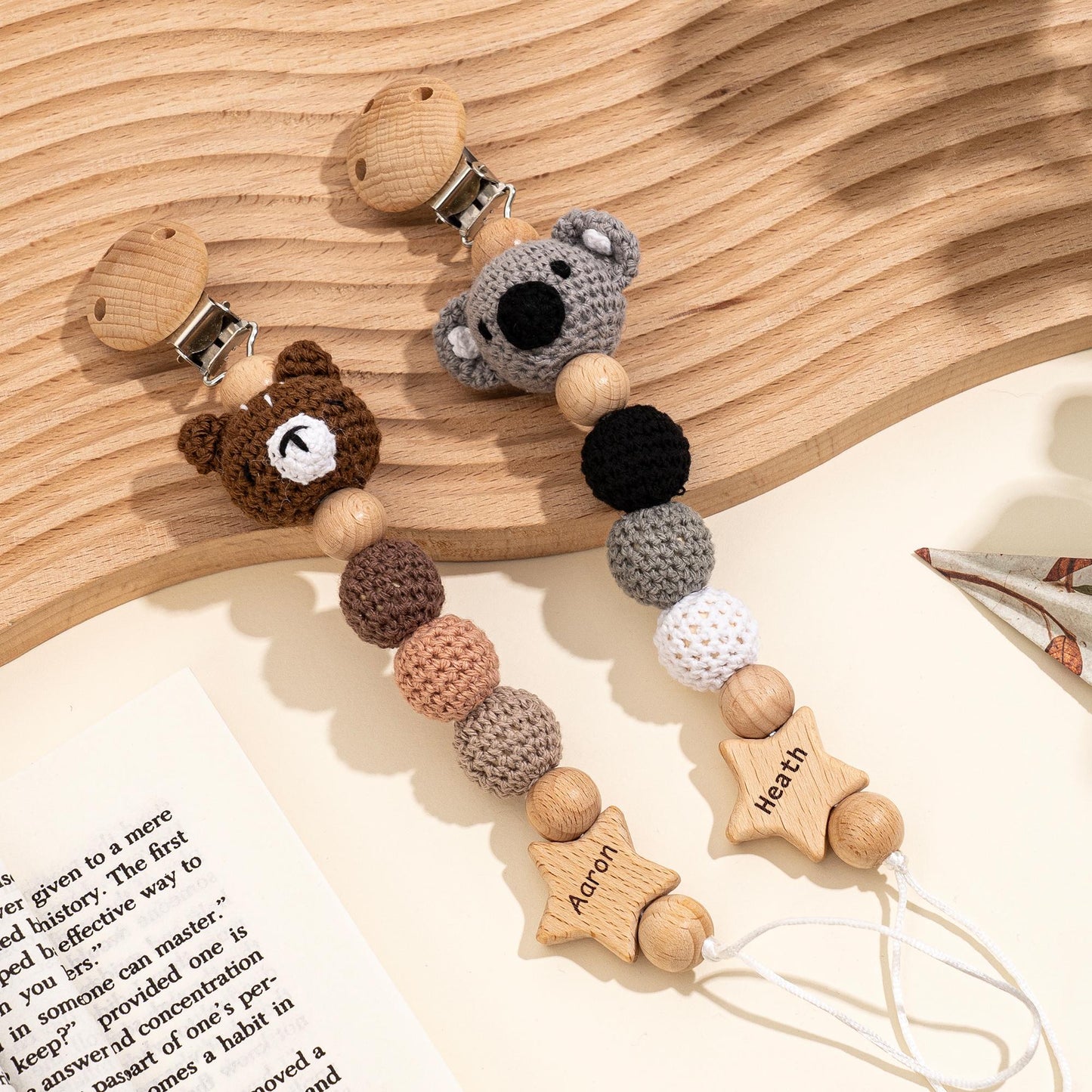Personalized wooden dummy clip with crochet animal styled on book, baby shower gift for boys and girls nursery