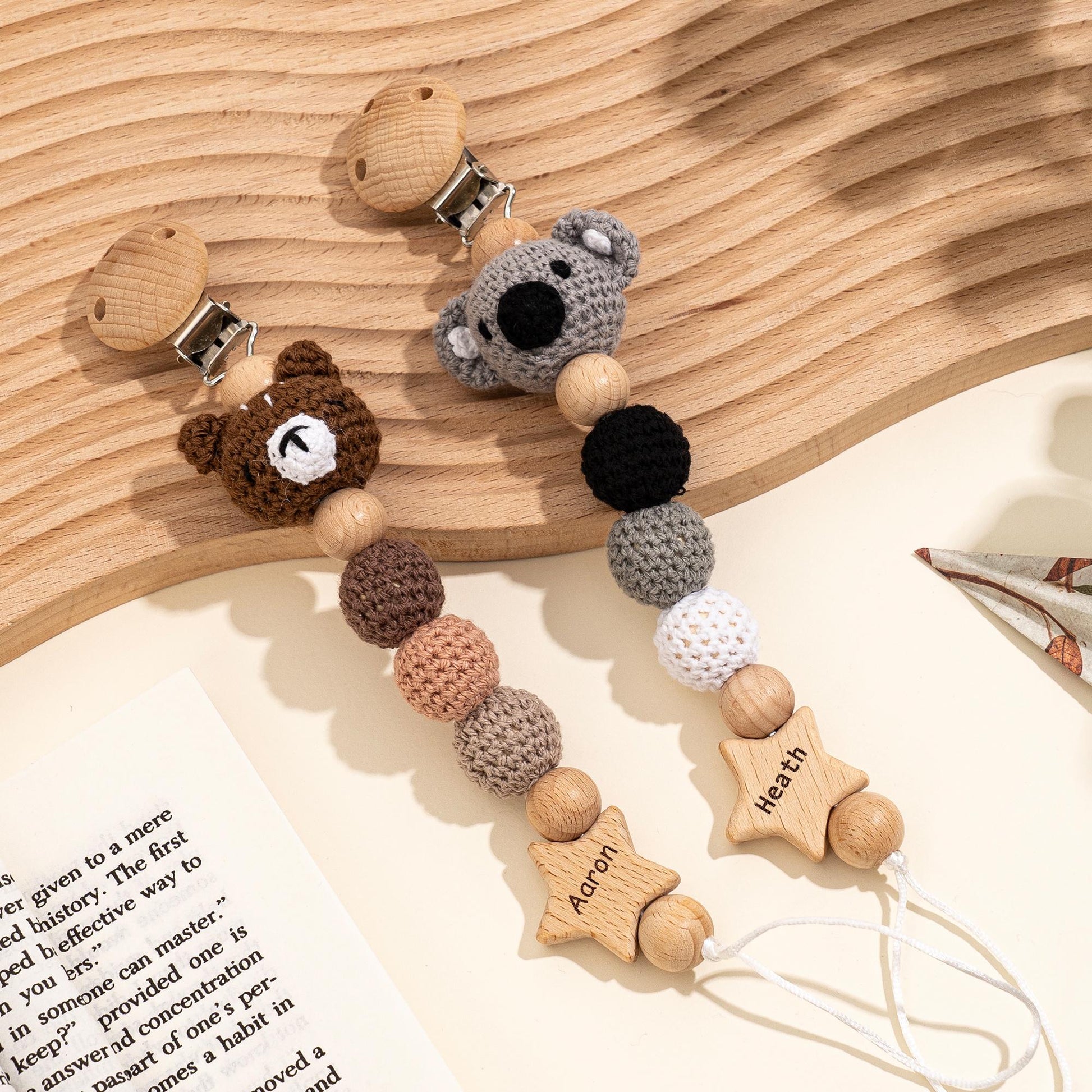 Personalized wooden dummy clip with crochet animal styled on book, baby shower gift for boys and girls nursery