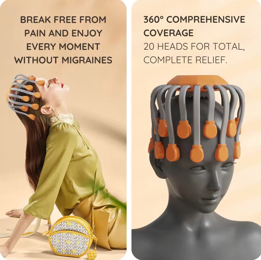 Orange and Black 20-head migraine relief massager with soft silicone massage points