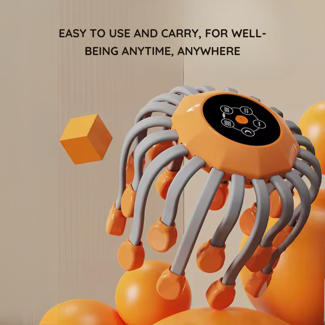 Orange and Black migraine relief head massager showing the one-button control design