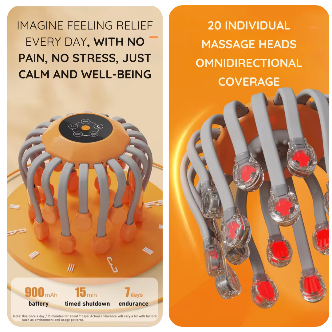 Orange and Black head massager for migraine relief with built-in music and 20 heads