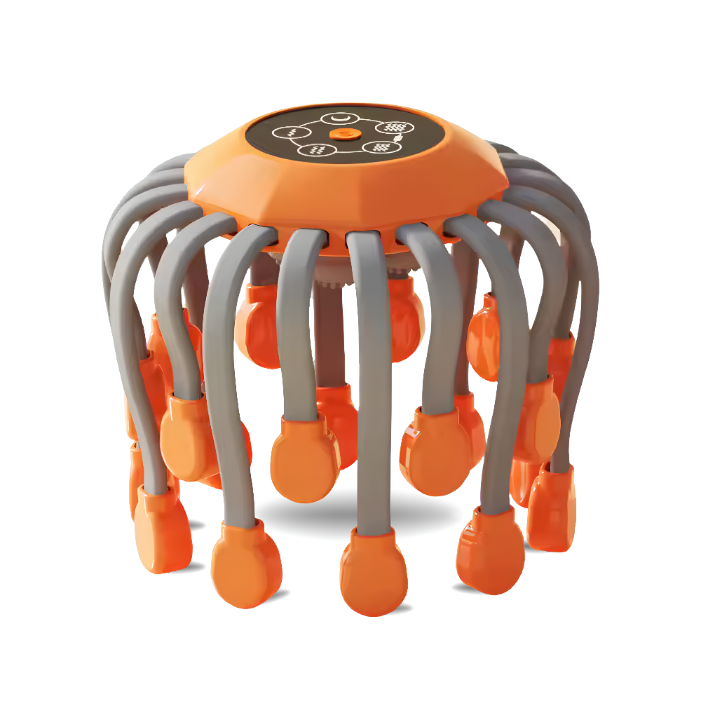 Vibrating migraine relief head massager in Orange and Black for an at-home massage routine