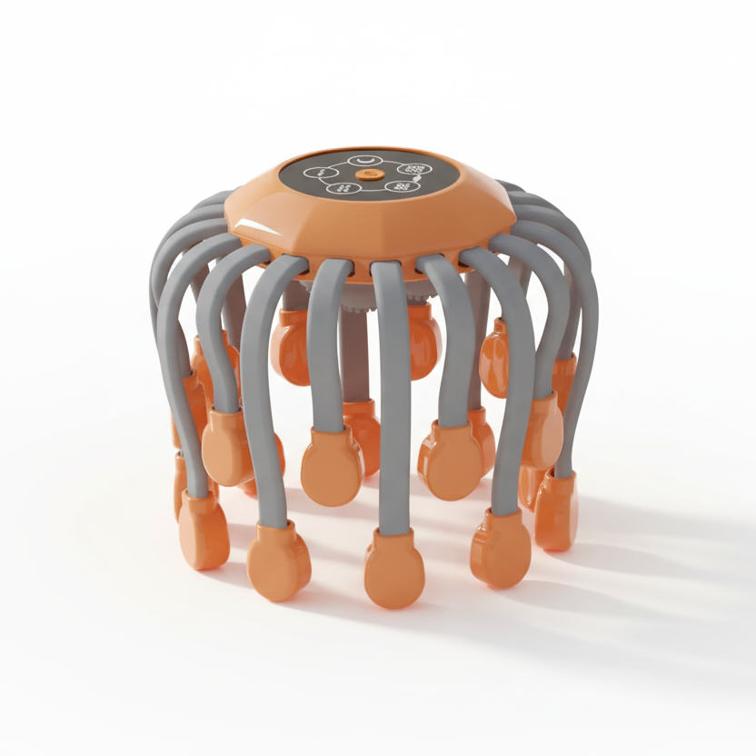 Portable migraine relief massager in Orange and Black with 20 silicone massage heads