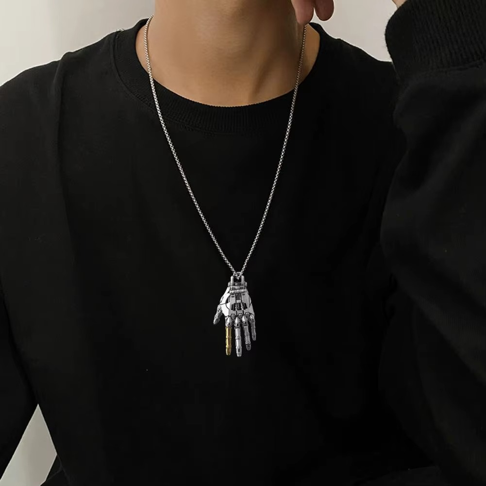 Diyion cybernetic hand pendant with articulated joints and steampunk design