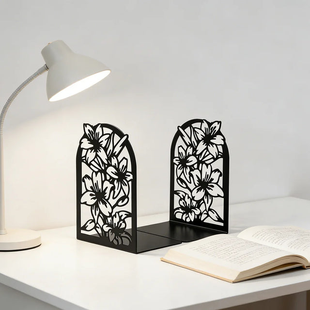 Black Metal Bookends — Floral or Music, Pair