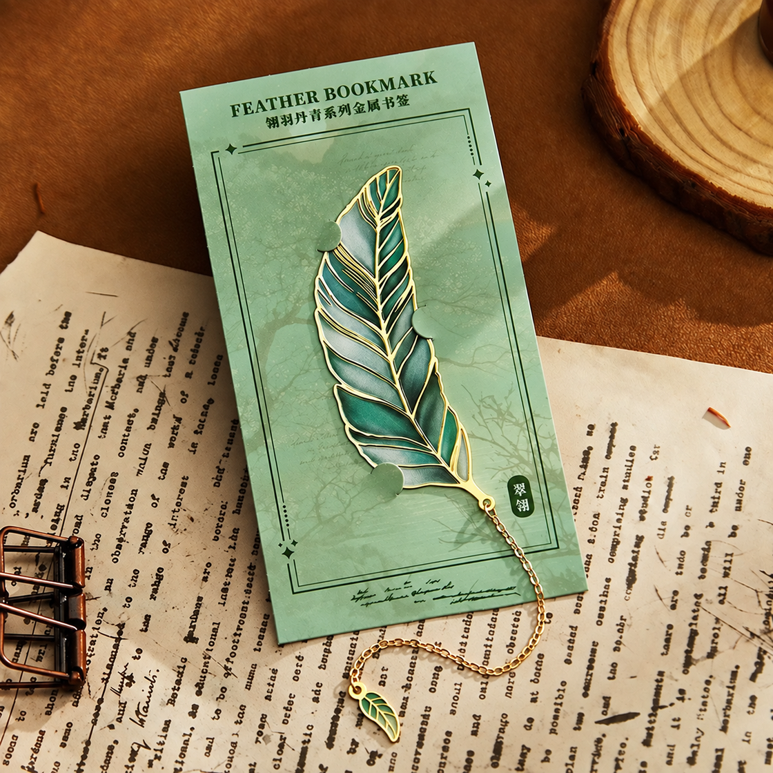Metal Feather Bookmark with Chain Charm