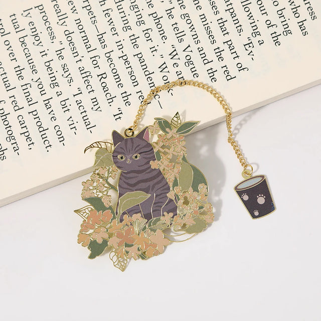 Floral Cat Metal Bookmark with Chain