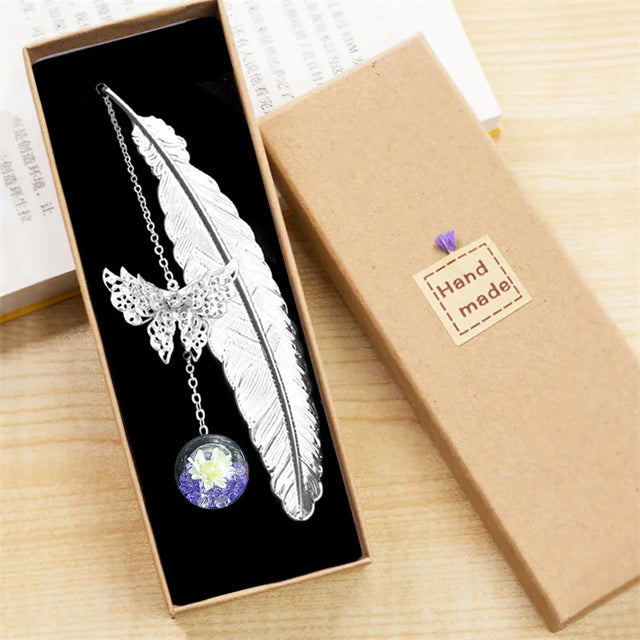Boxed Metal Feather Bookmark with Flower Charm
