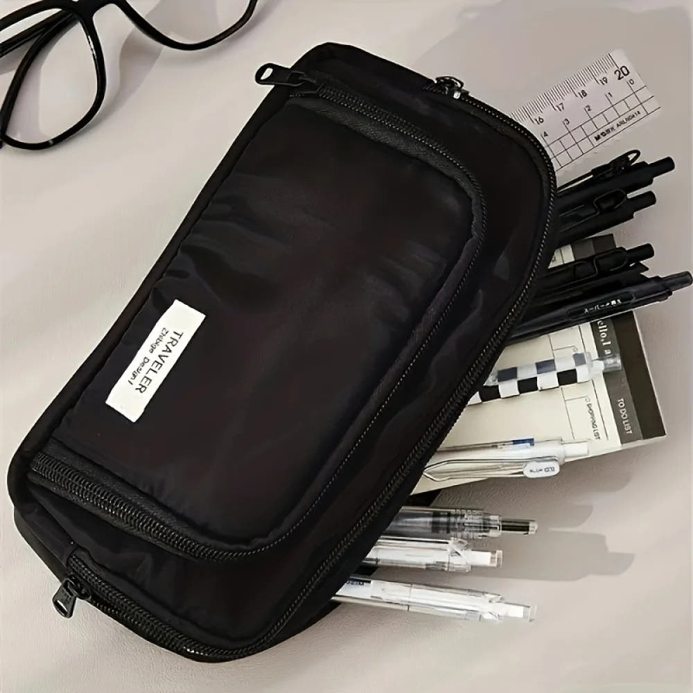 Black Pencil Case with Multiple Zip Compartments