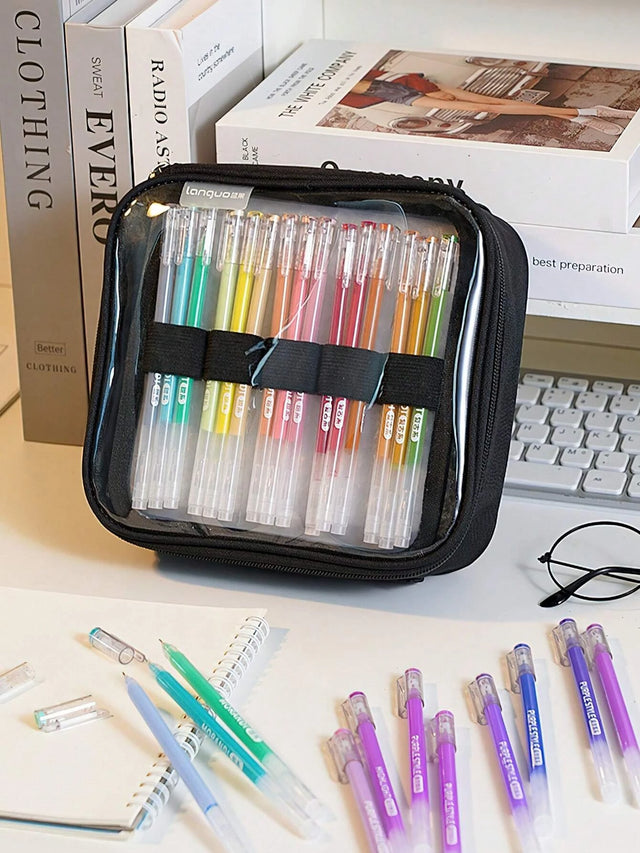 Layered Pen Organizer Case with Clear Front — Black