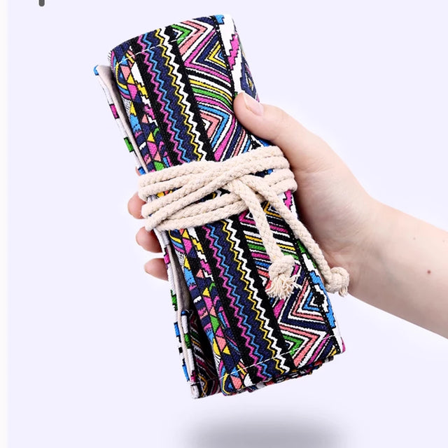 Canvas Pencil Roll — Geometric Print, 36 Slots