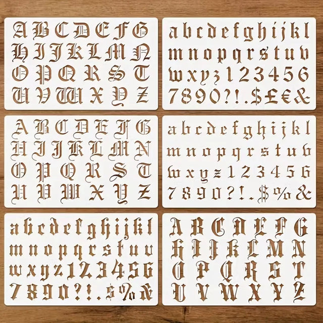 Gothic Lettering Stencils — Alphabet & Numbers, 6 Sheets