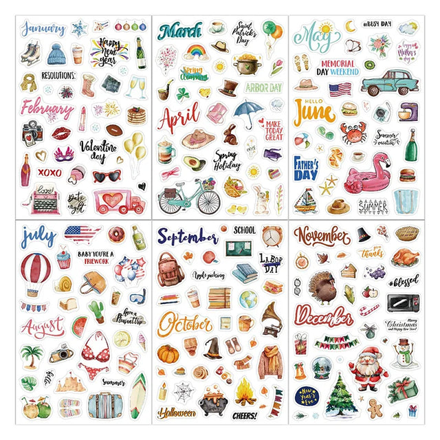 Seasonal Planner Stickers — January–December, 6 Sheets
