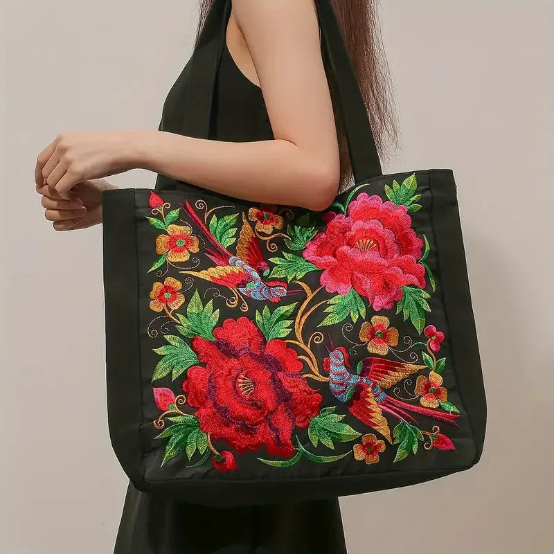 Embroidered Floral Book Tote Bag with Zipper