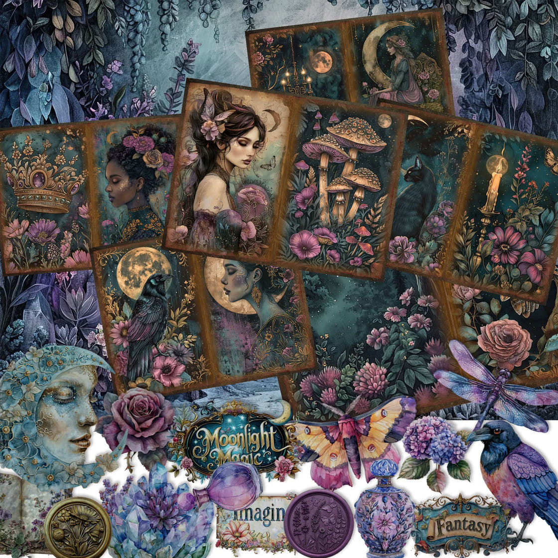 Journal Collage Kit — Midnight Garden, 52 Pieces