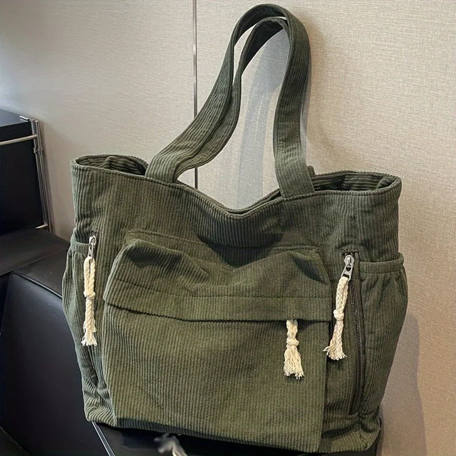 Corduroy Book Tote Bag with Front Zip Pocket
