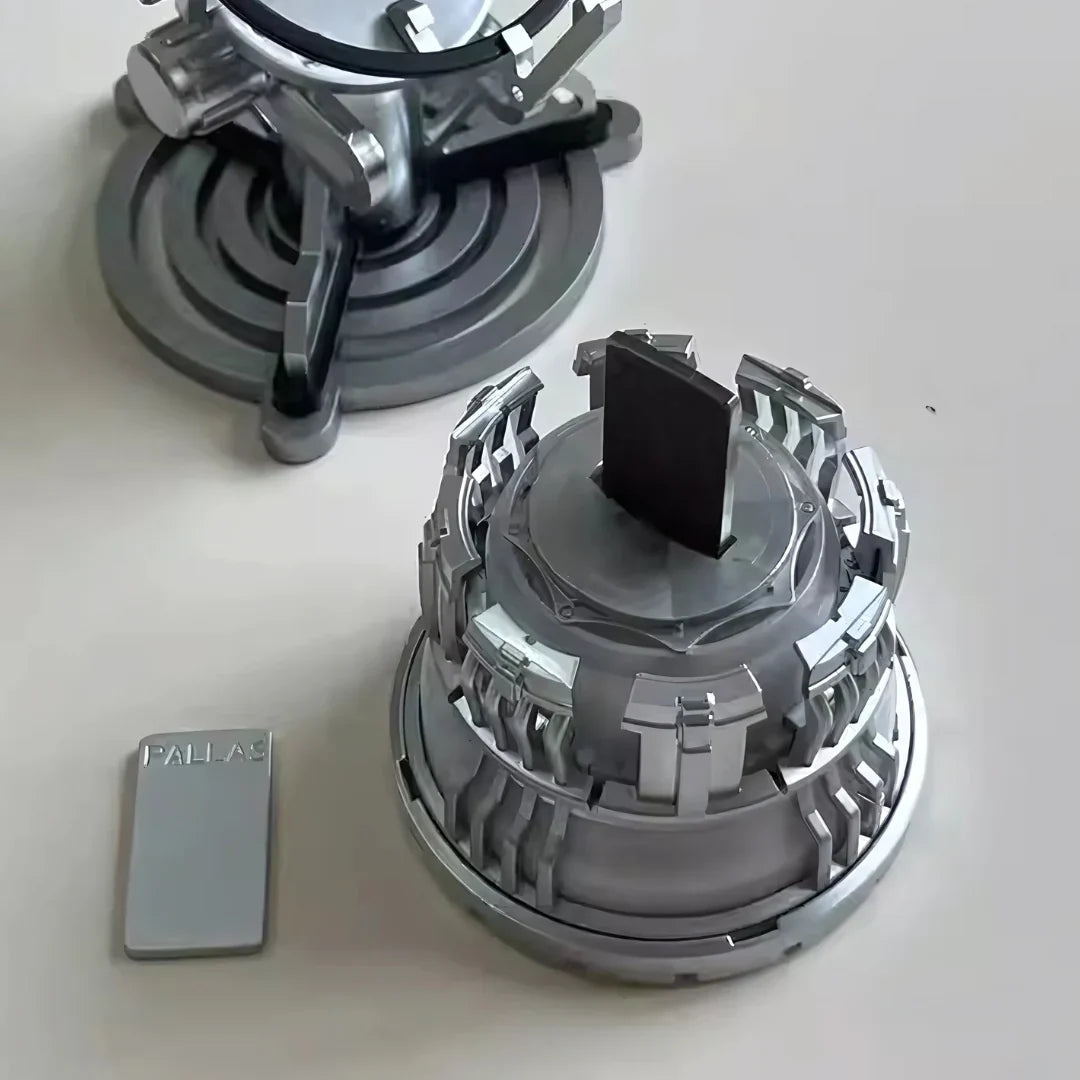 Palladium Edition Arc Rebirth light with display stand for futuristic workspace decor