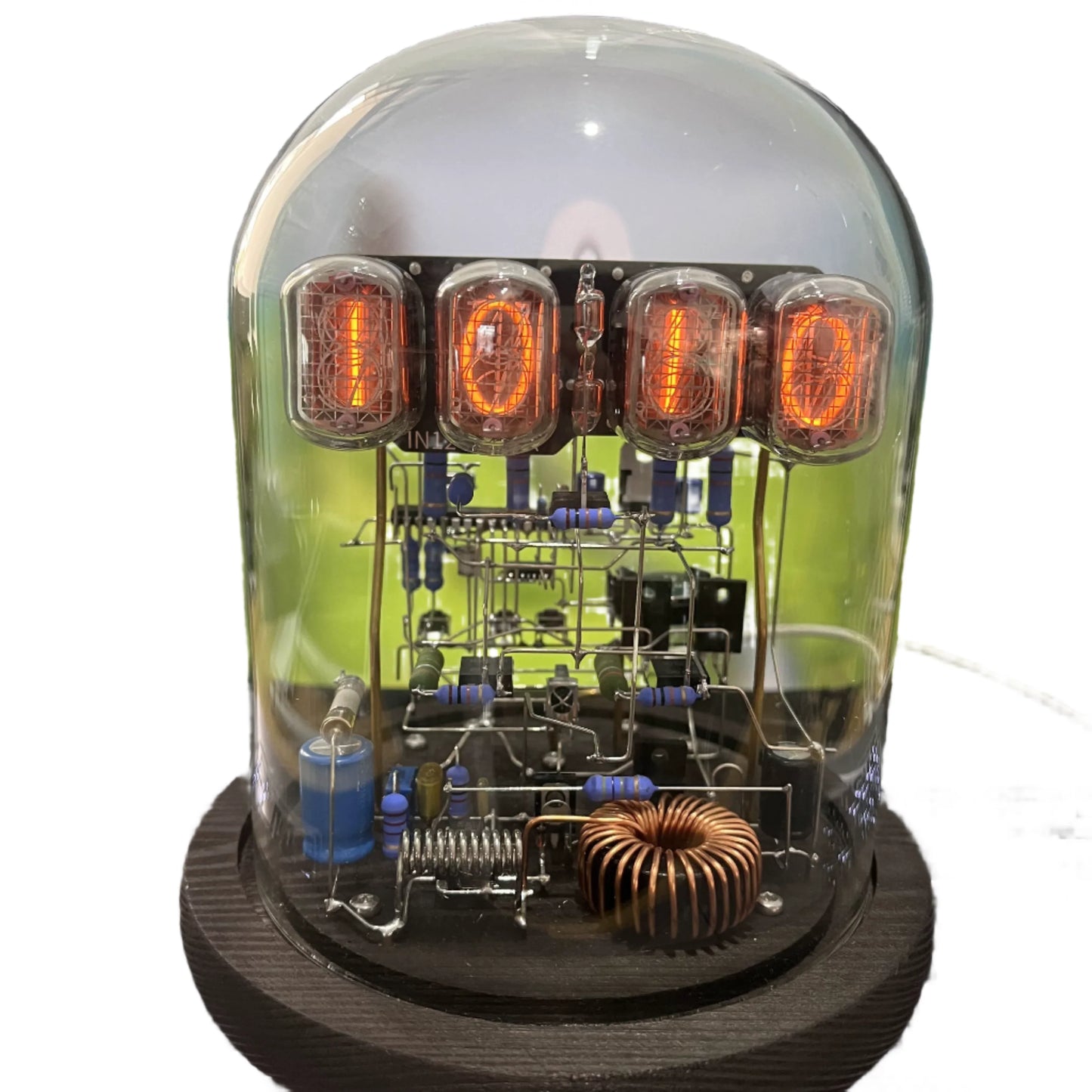 Vintage nixie tube clock with glowing amber display and wooden base from Diyion