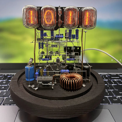 Vintage nixie tube clock with glowing amber display and wooden base from Diyion