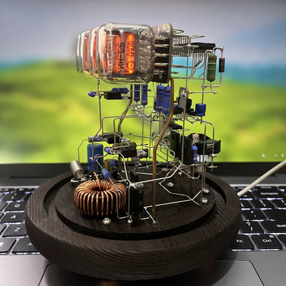 Vintage nixie tube clock with glowing amber display and wooden base from Diyion