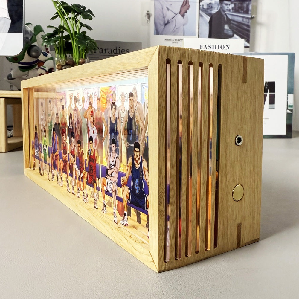 Slum Dunk Diyion anime LED light with stereoscopic acrylic artwork and a natural wood display frame