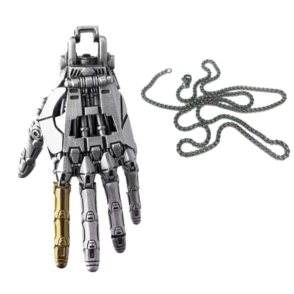 Diyion cybernetic hand pendant with articulated joints and steampunk design