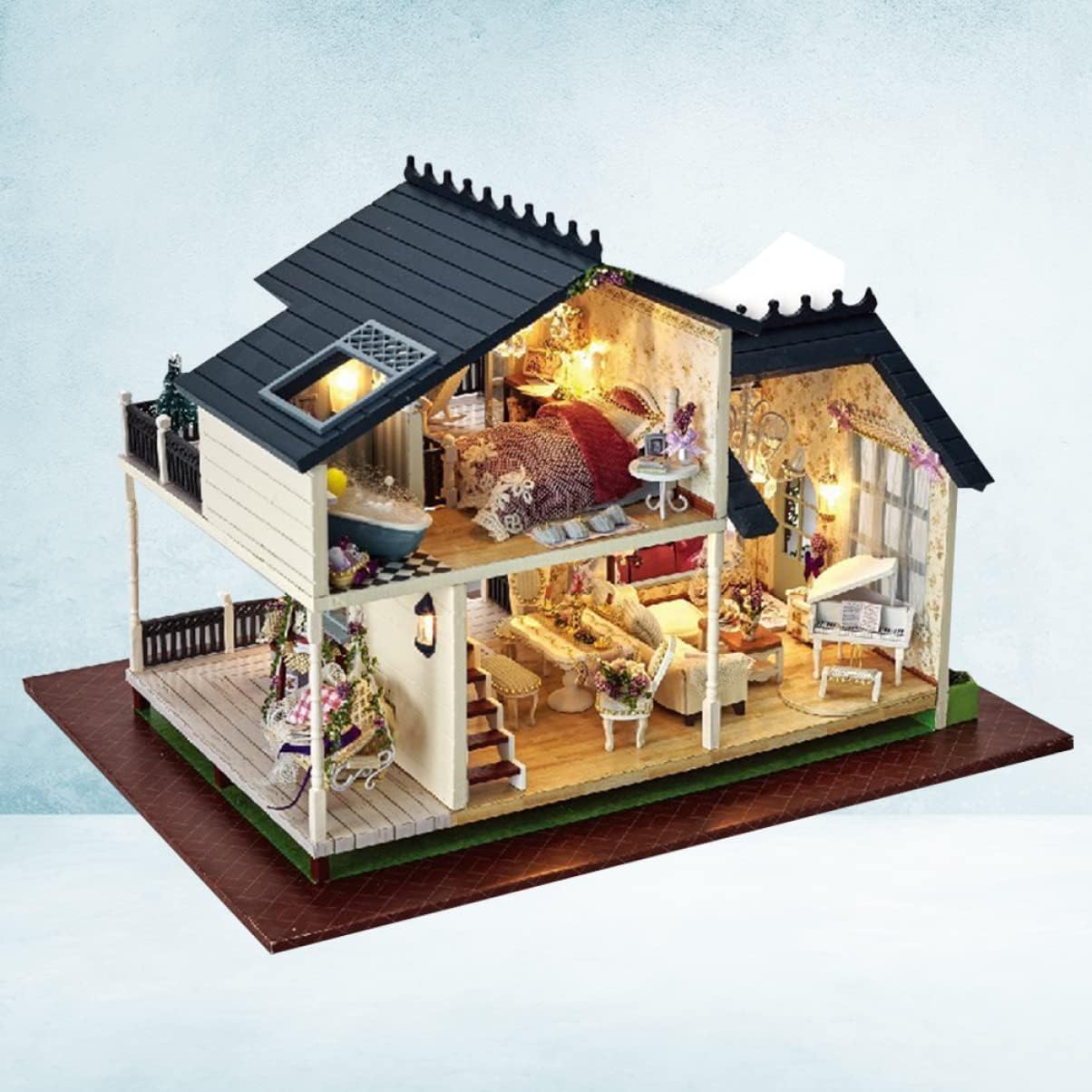 Detailed model of a miniature house with interior furniture and decor. Diyion™ | Dollhouse Kit (PROVENCE LAVENDER) - Diyion