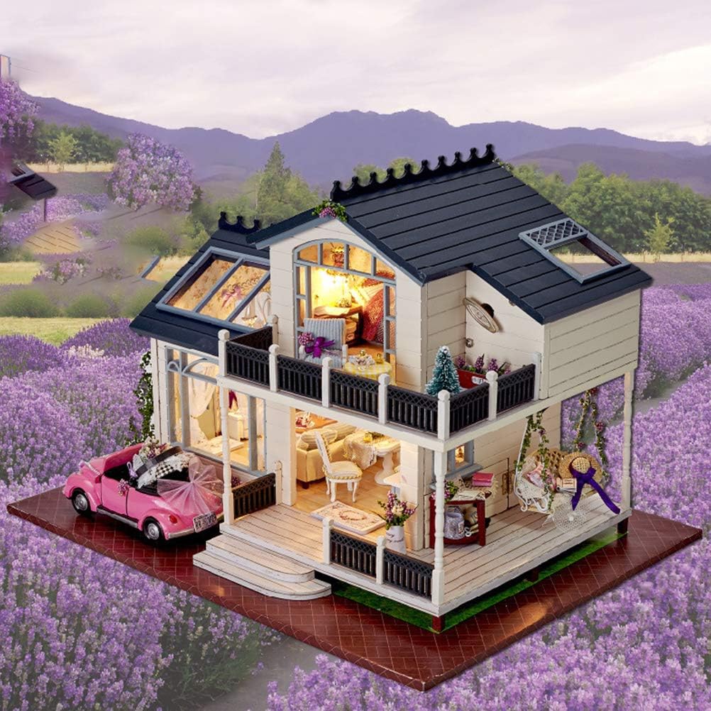 Model house with interior lights in a lavender field with mountains in the background Diyion™ | Dollhouse Kit (PROVENCE LAVENDER) - Diyion