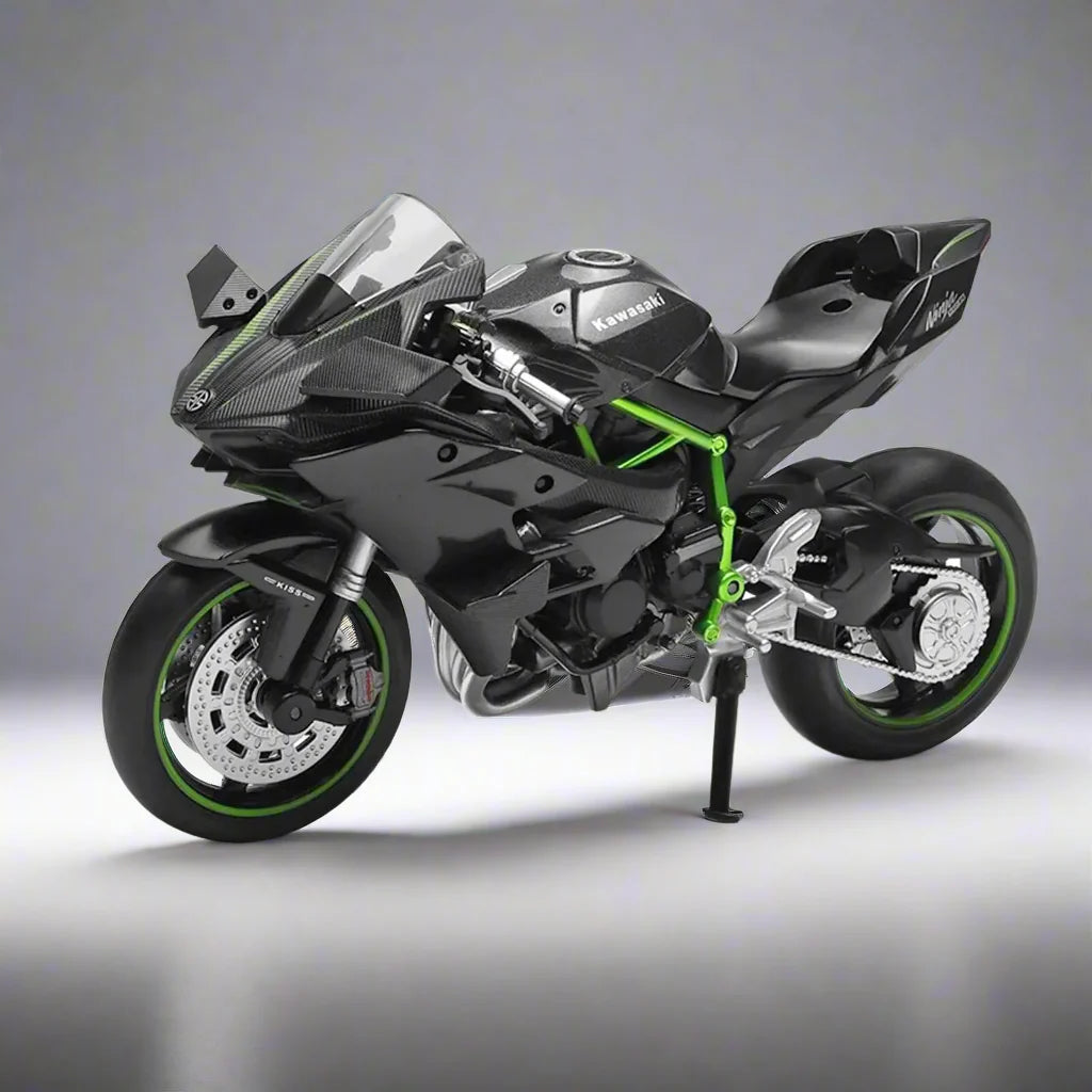 Kawasaki Ninja H2R motorcycle model on a gray background Premium die-cast motorcycle model with detailed craftsmanship and authentic design