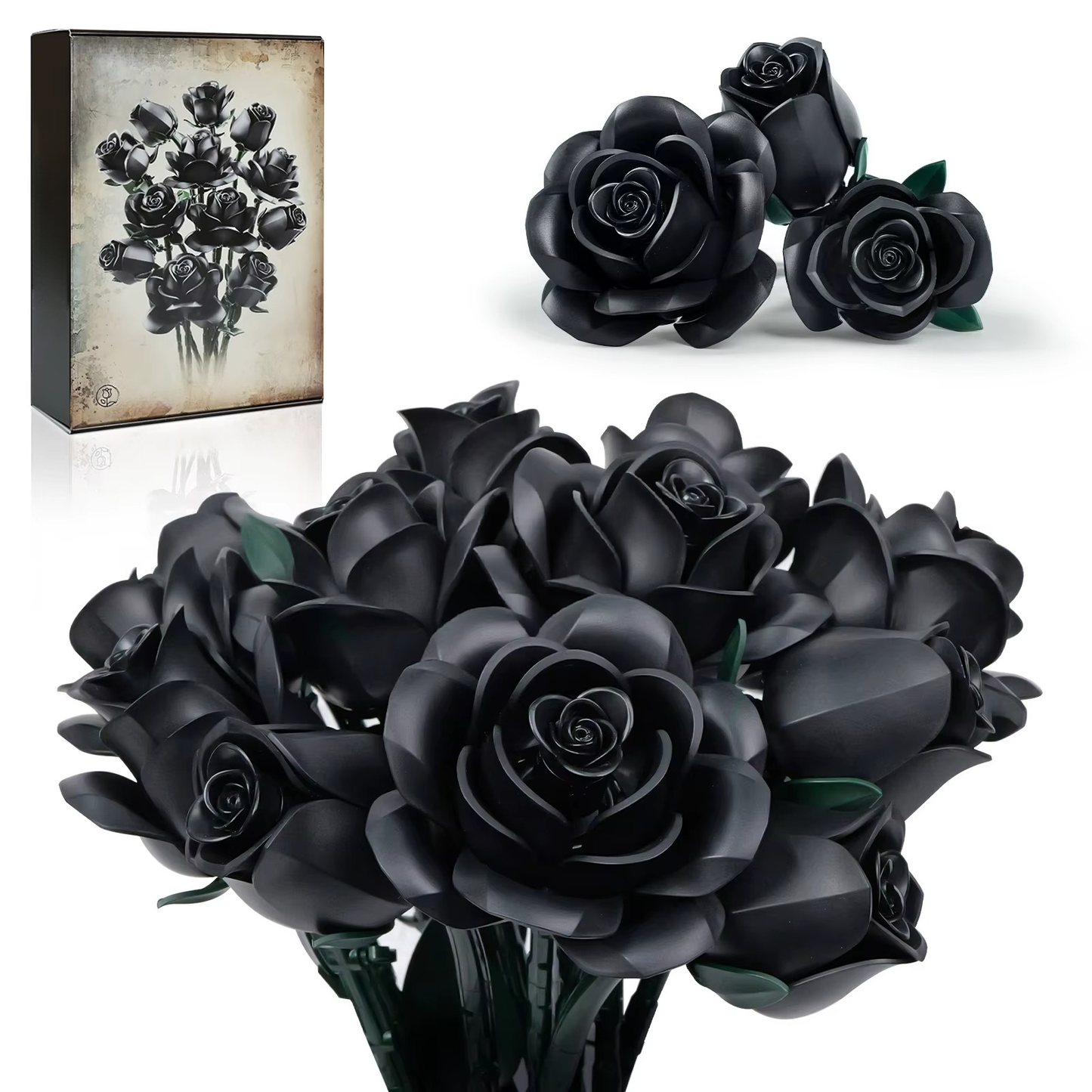 Black roses with a decorative box in the corner Diyion | Eternal Black Rose Bouquet Building Blocks